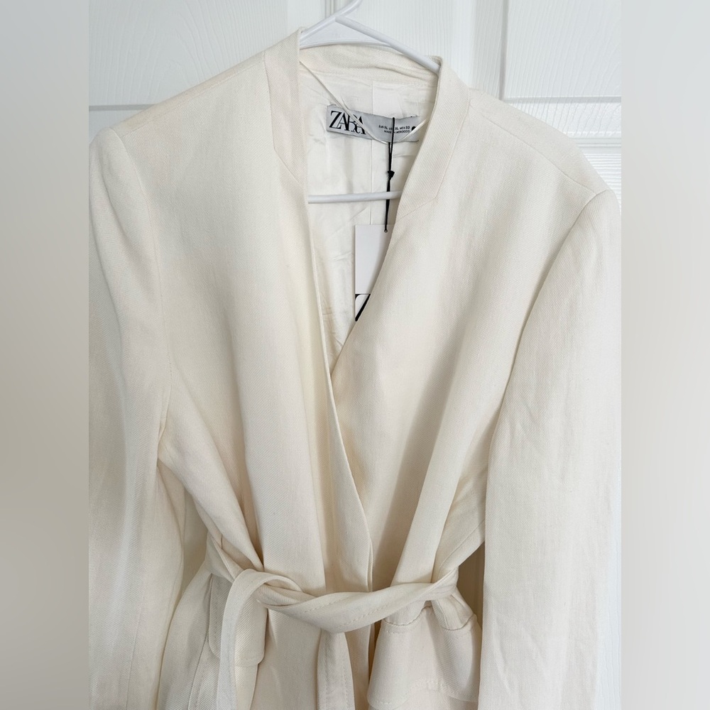 Zara nwt linen jacket blazer casual with waist tie belt - Picture 14 of 14